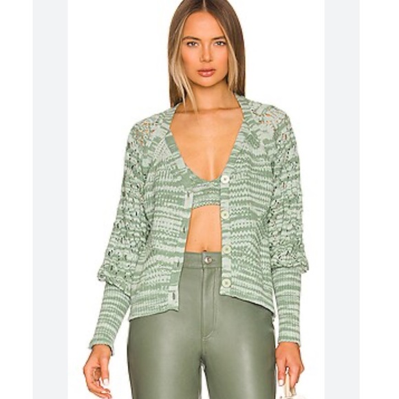 Jonathan Simkhai Adeline Crochet Sleeve V-Neck Cardigan Grandpa Sweater - Picture 4 of 9